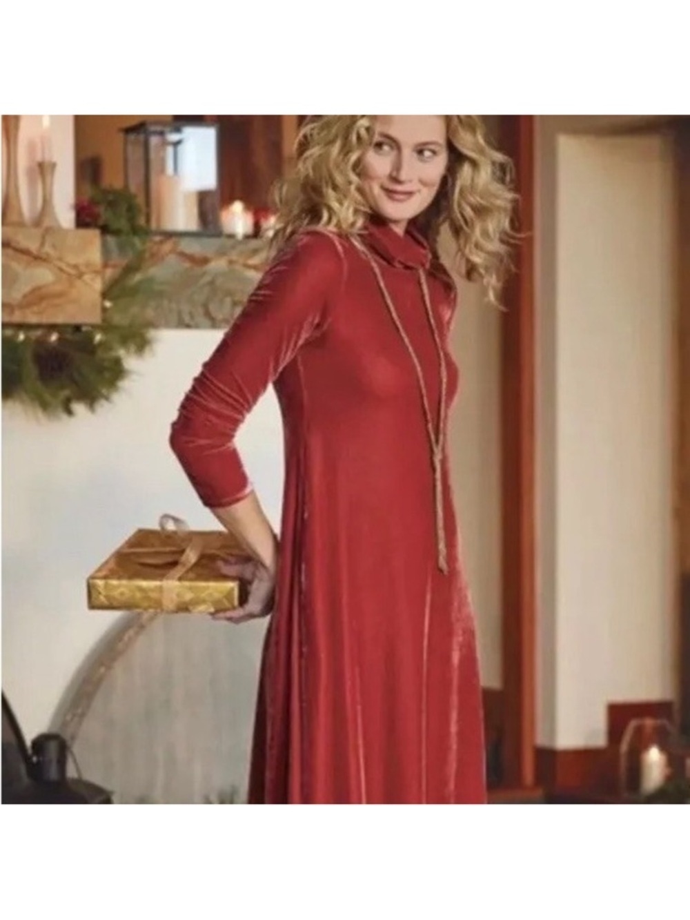 Soft Surroundings velvet turtle neck stretch midi dress burgundy size M